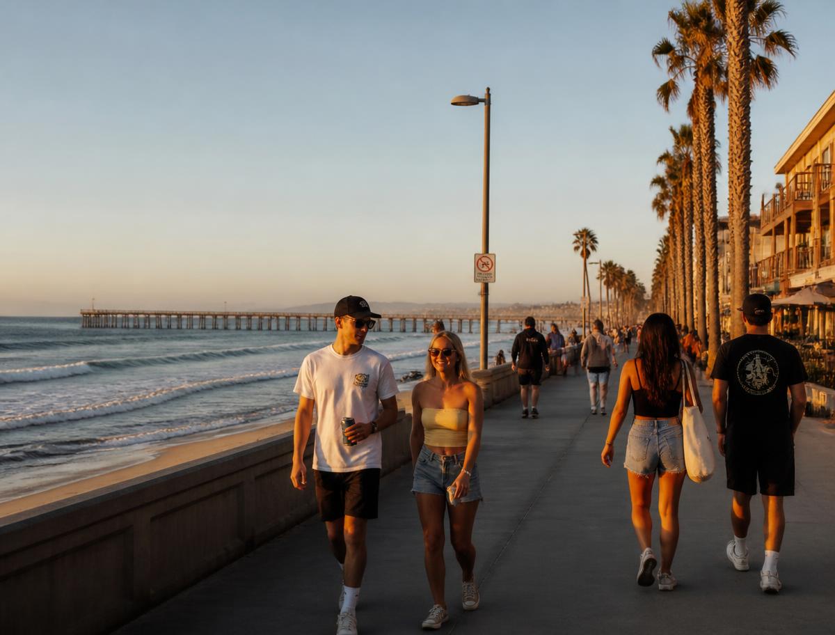 Jovens caminhando pelo calçadão de Pacific Beach ao entardecer