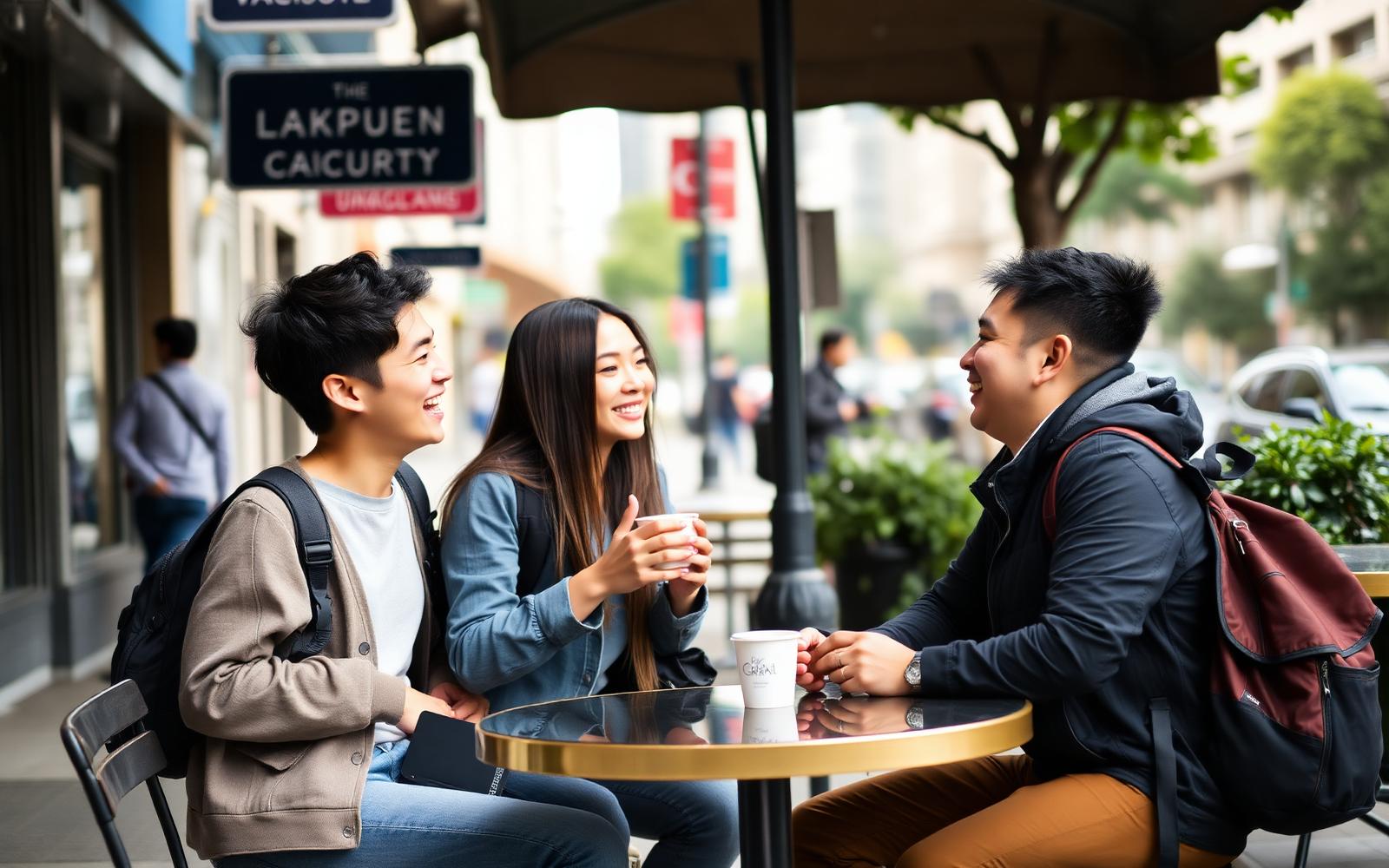 Estudantes internacionais conversando em uma mesa de café ao ar livre no centro de Vancouver