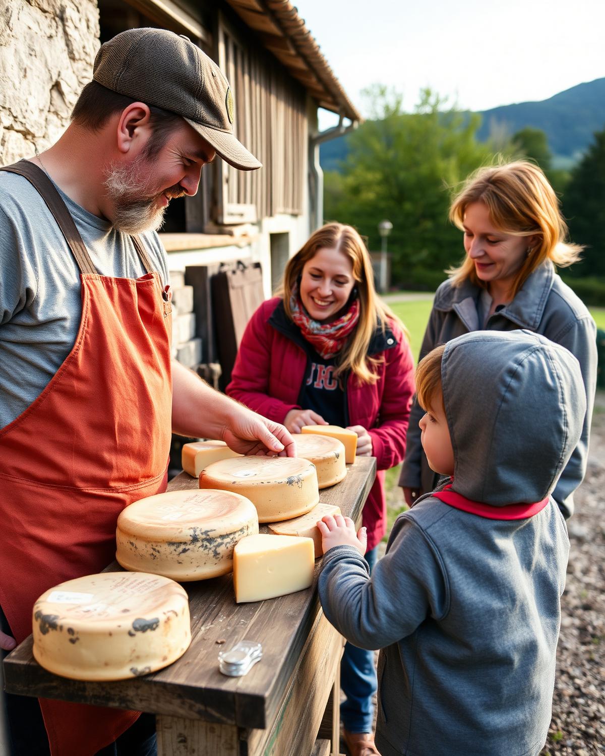 Família visitando produtor local na região de Annecy