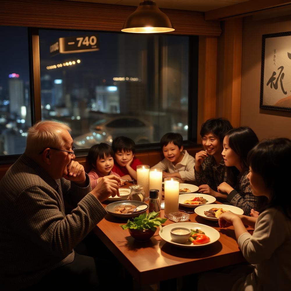 Família reunida em um jantar de encerramento em Osaka