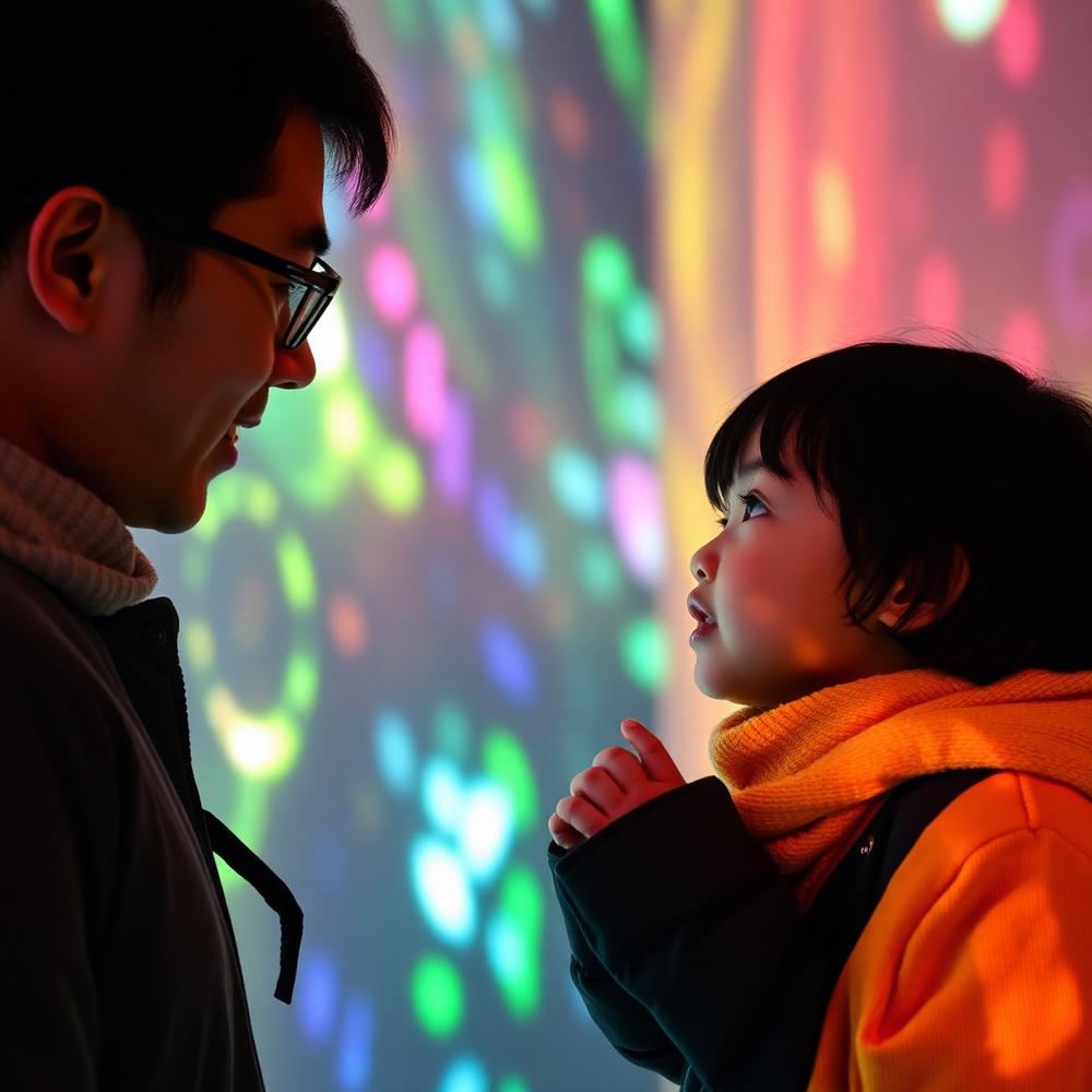 Pai e filha observando uma instalação de arte digital em Tokyo
