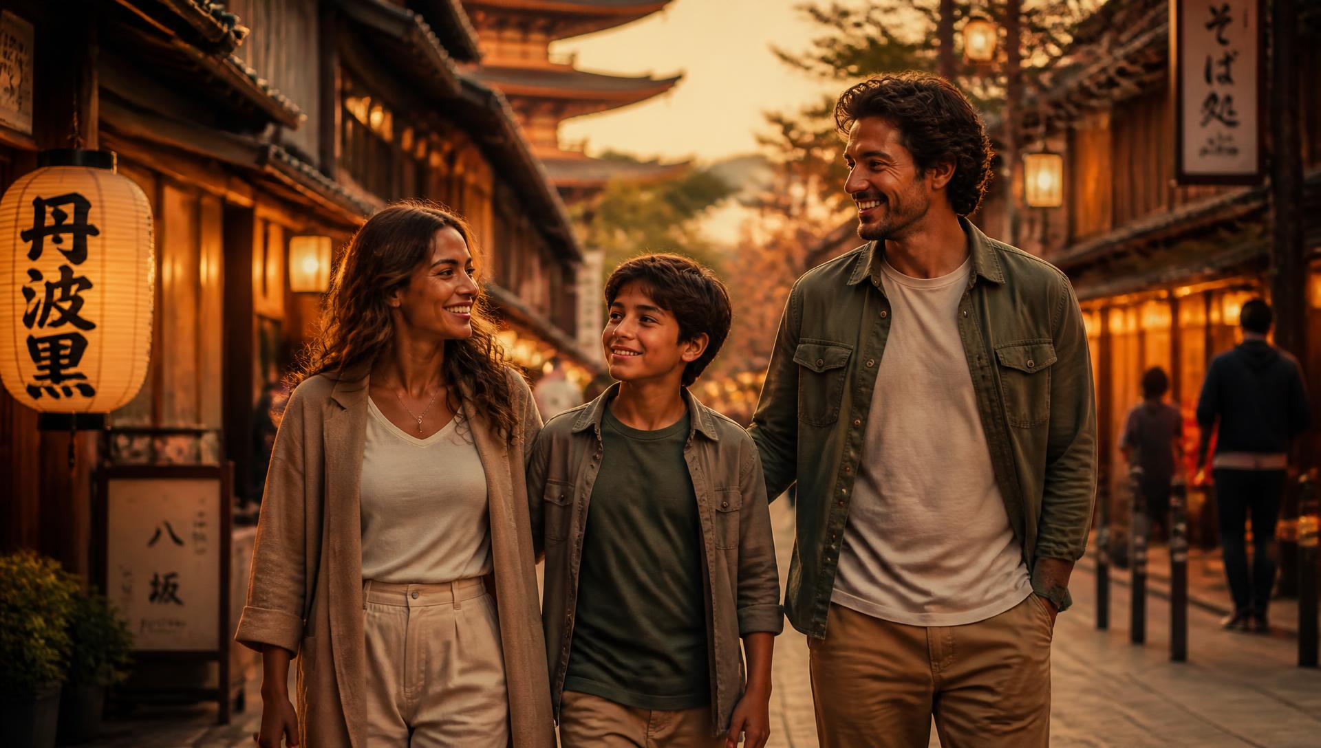 Pais e filho caminhando juntos por uma rua japonesa iluminada ao entardecer