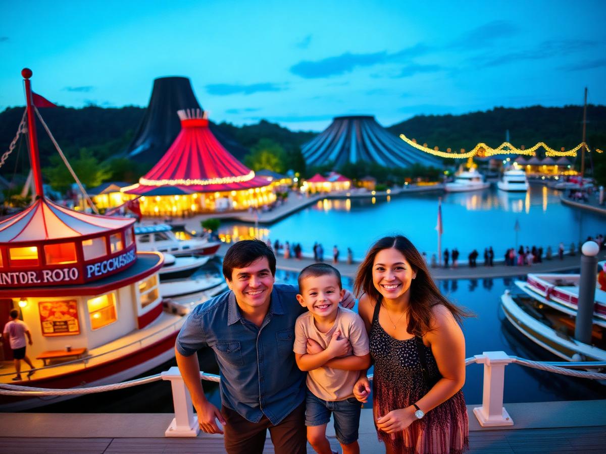 Família em área portuária temática de parque no Japão ao anoitecer