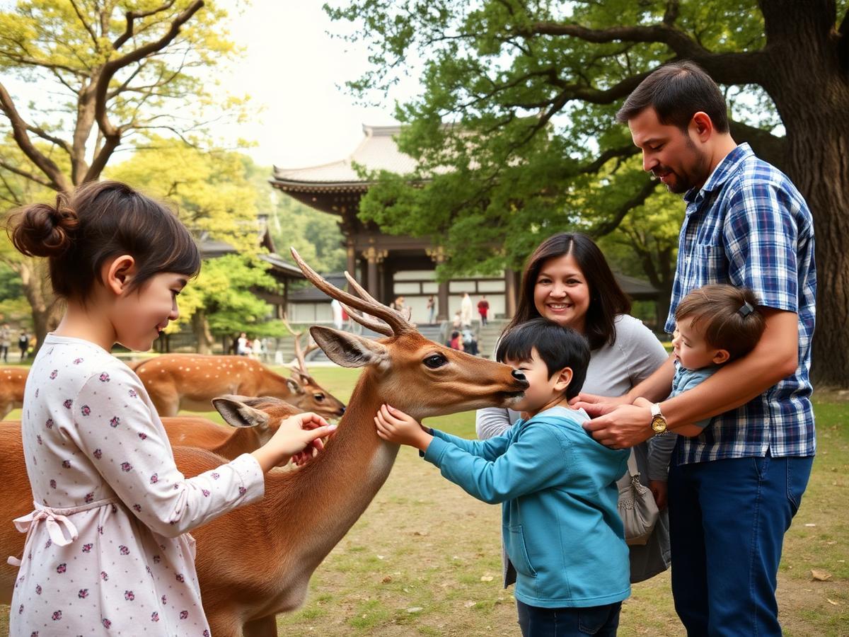 Crianças e pais interagindo com os cervos do parque de Nara
