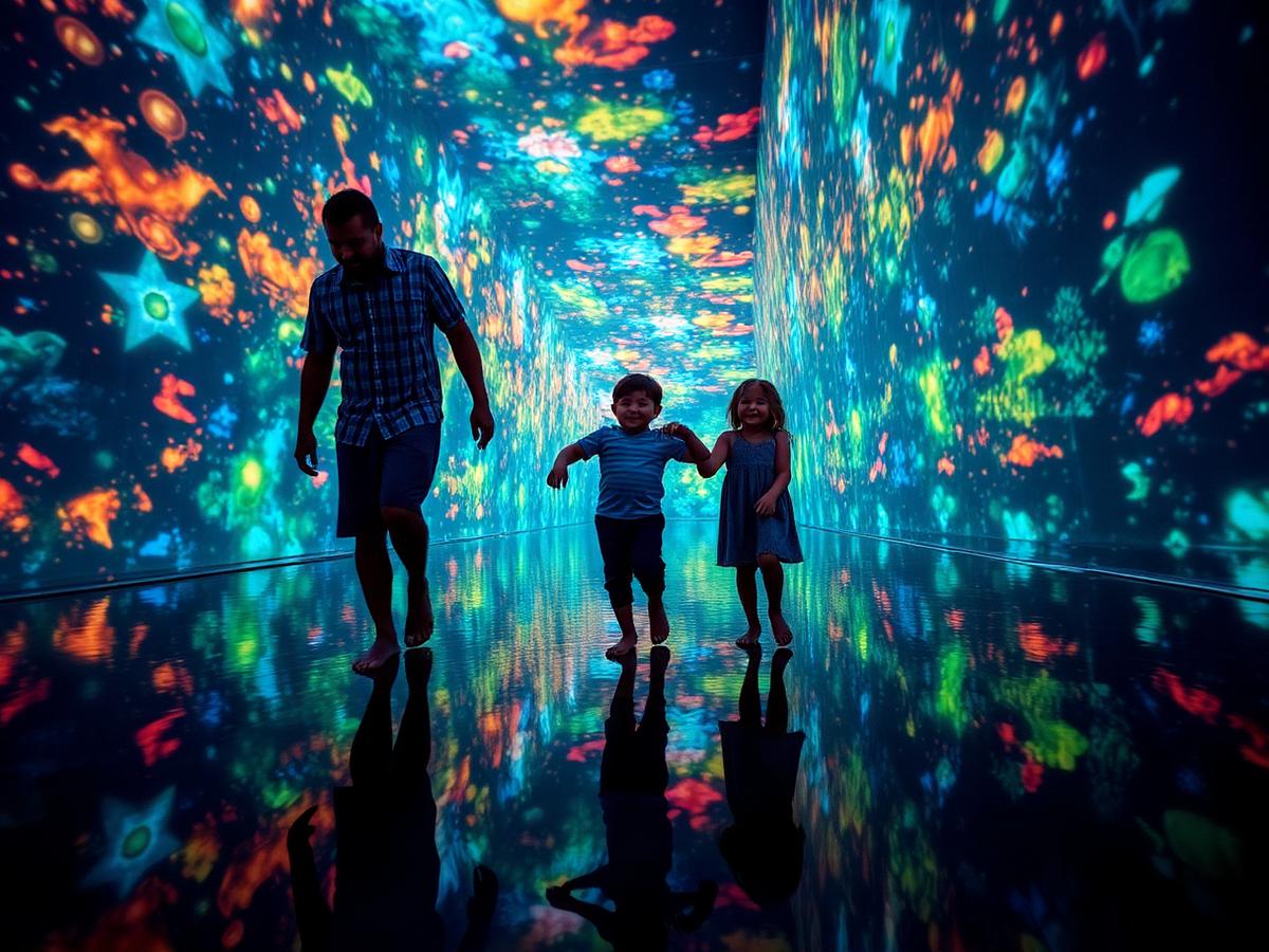 Família caminhando dentro de uma instalação de arte digital imersiva