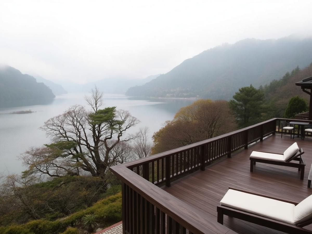 Terraço de hotel em Hakone com vista para o Lago Ashi e as montanhas