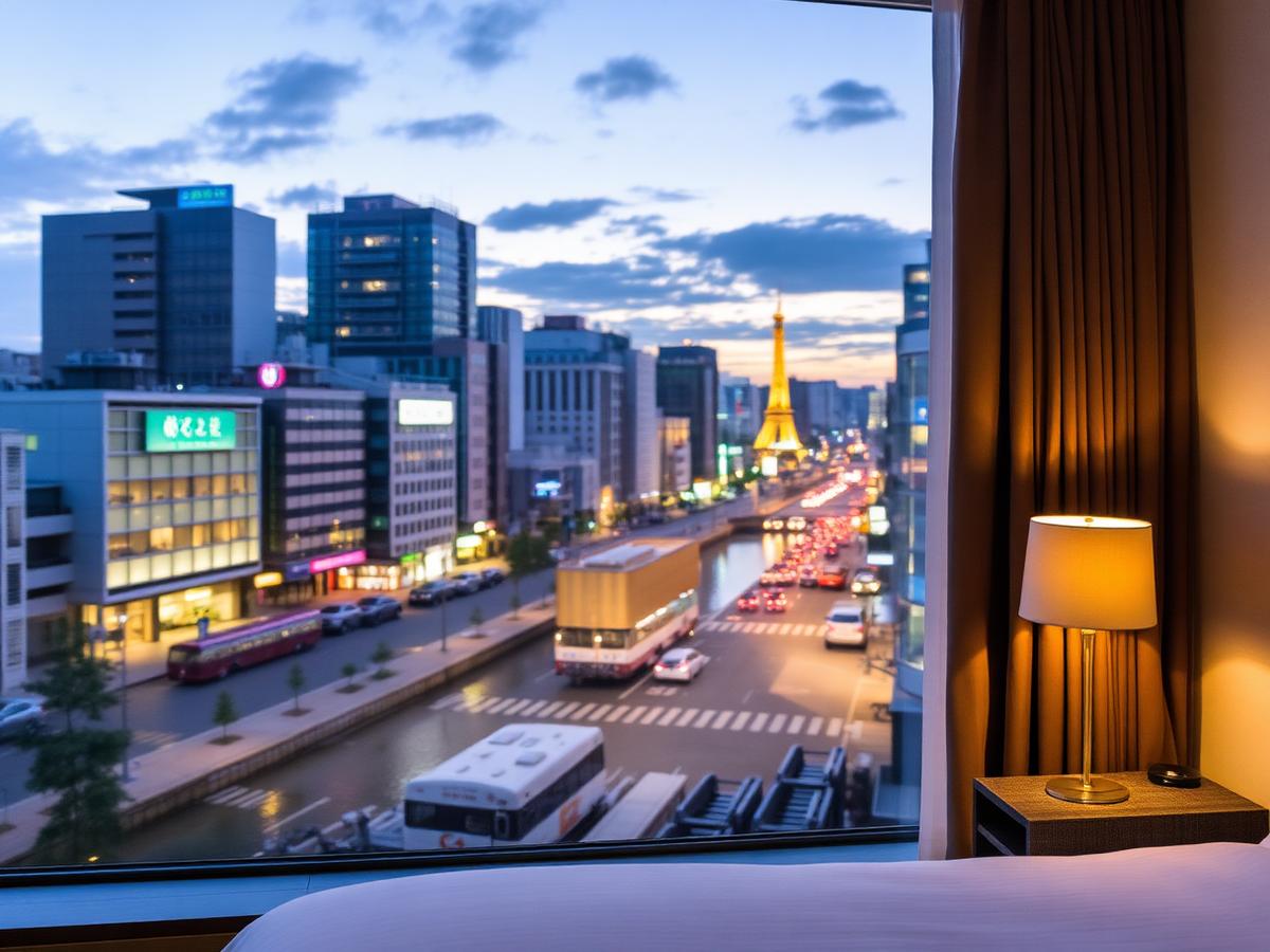 Vista da janela de um quarto de hotel em Osaka, com a cidade iluminada ao anoitecer