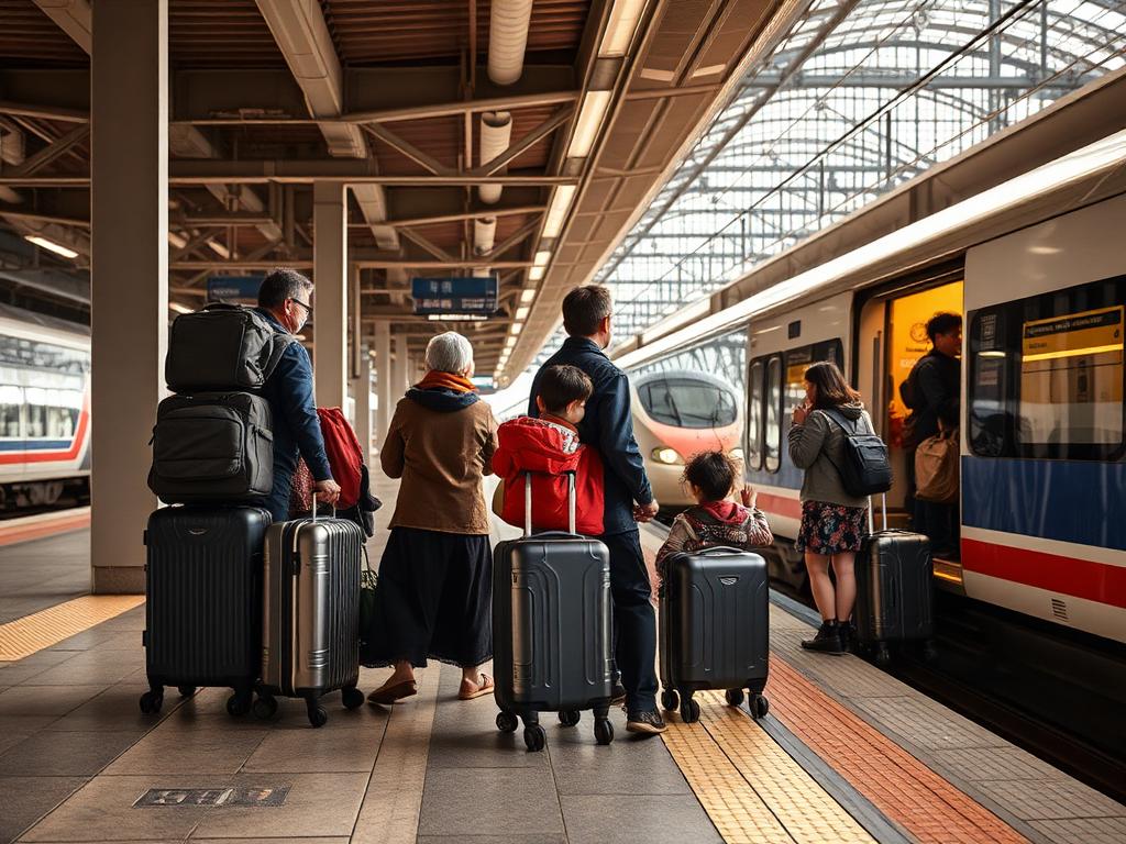 Família com malas em plataforma de trem no Japão, prestes a embarcar