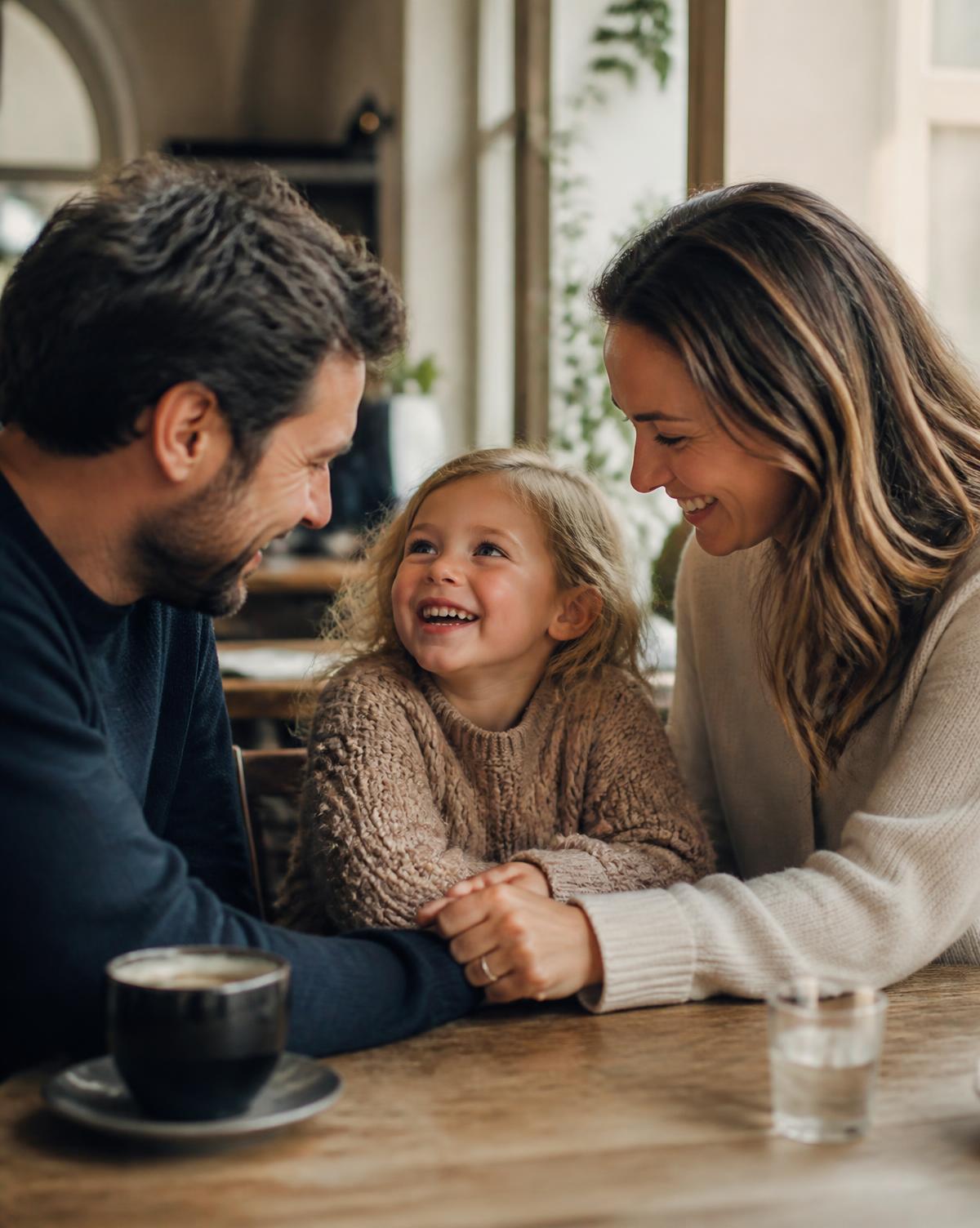 Pais e filha conversando e rindo juntos em torno de uma mesa, em um momento simples da viagem